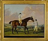 Horse Canvas Paintings - Portrait of Henry Comptons Race Horse Cottager Held by a Groom with Jockey and a Race Beyond